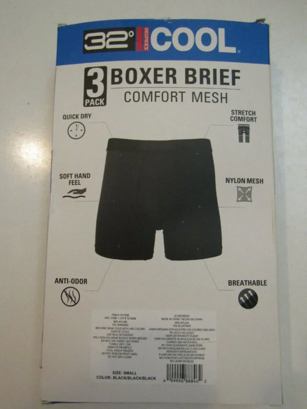 32 DEGREES 3 Pk Black Comfort Mesh Boxer Briefs Underwear SIZE S